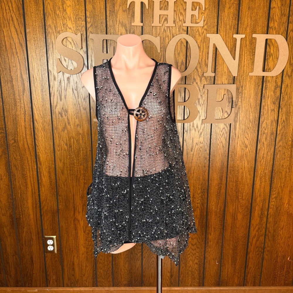 Nouveau Monde Mesh Vest Women Med Black Crochet Open Knit Boho Folk Whimsigoth